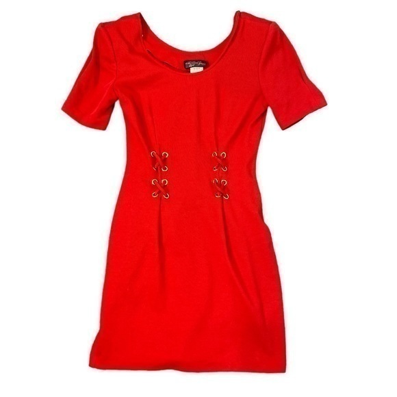 All That Jazz Vintage 90s Retro Lace Up corset snatched Red Knit Mini Dress - Picture 1 of 14